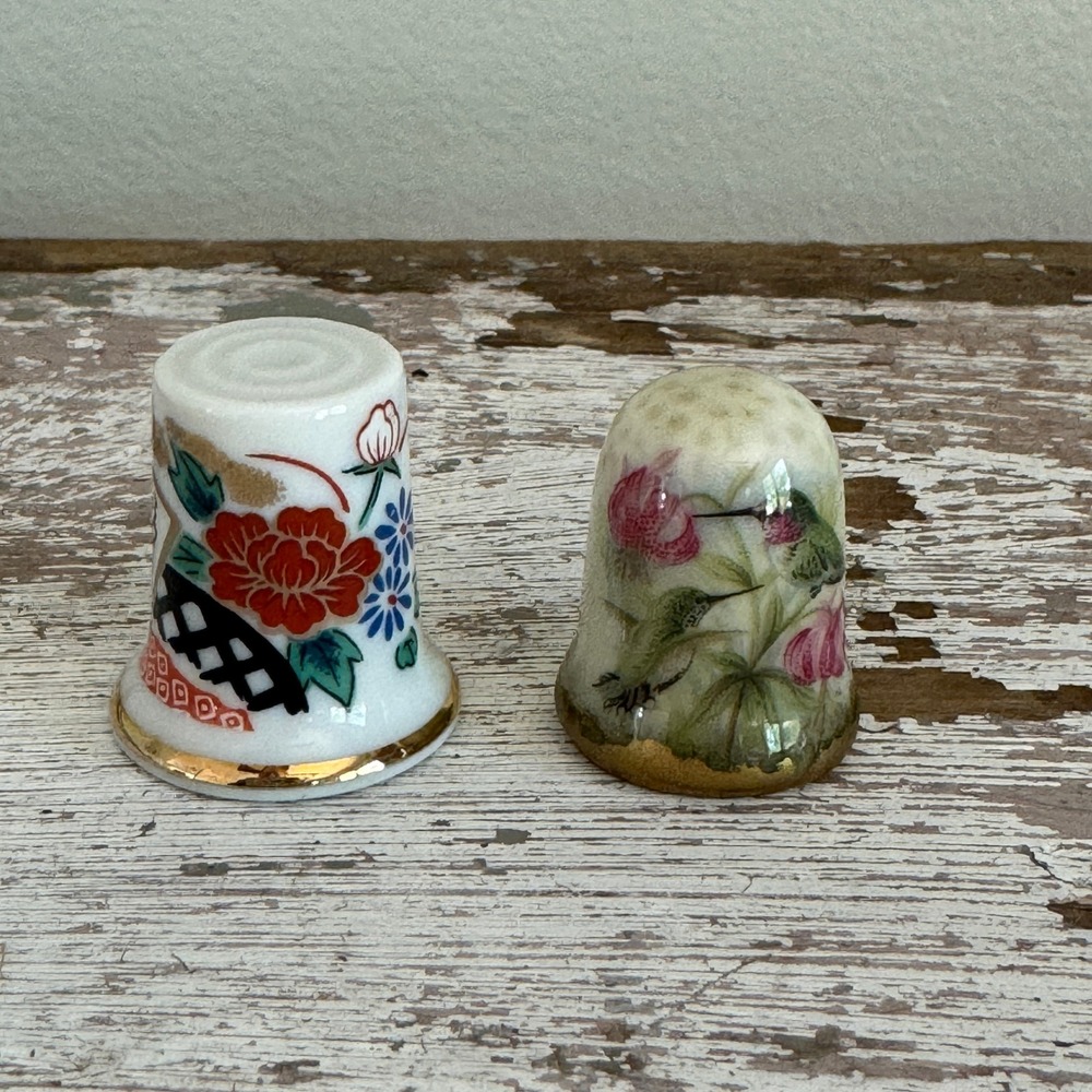 Vintage Porcelain Thimble Set Japanese Floral and Hummingbird Designs Trinket